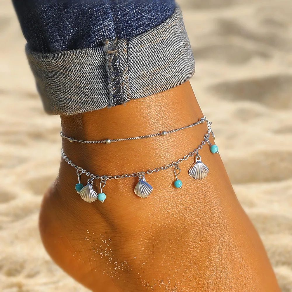 Vintage Silver Color Chain Anklet Bohemian Shell Green Stone Foot Ankle & Bracelet Summer Sandals Legs Women Jewelry Gifts Vintage Silver Color Chain Anklet Bohemian Shell Green Stone Foot Ankle & Bracelet Summer Sandals Legs Women Jewelry Gifts
