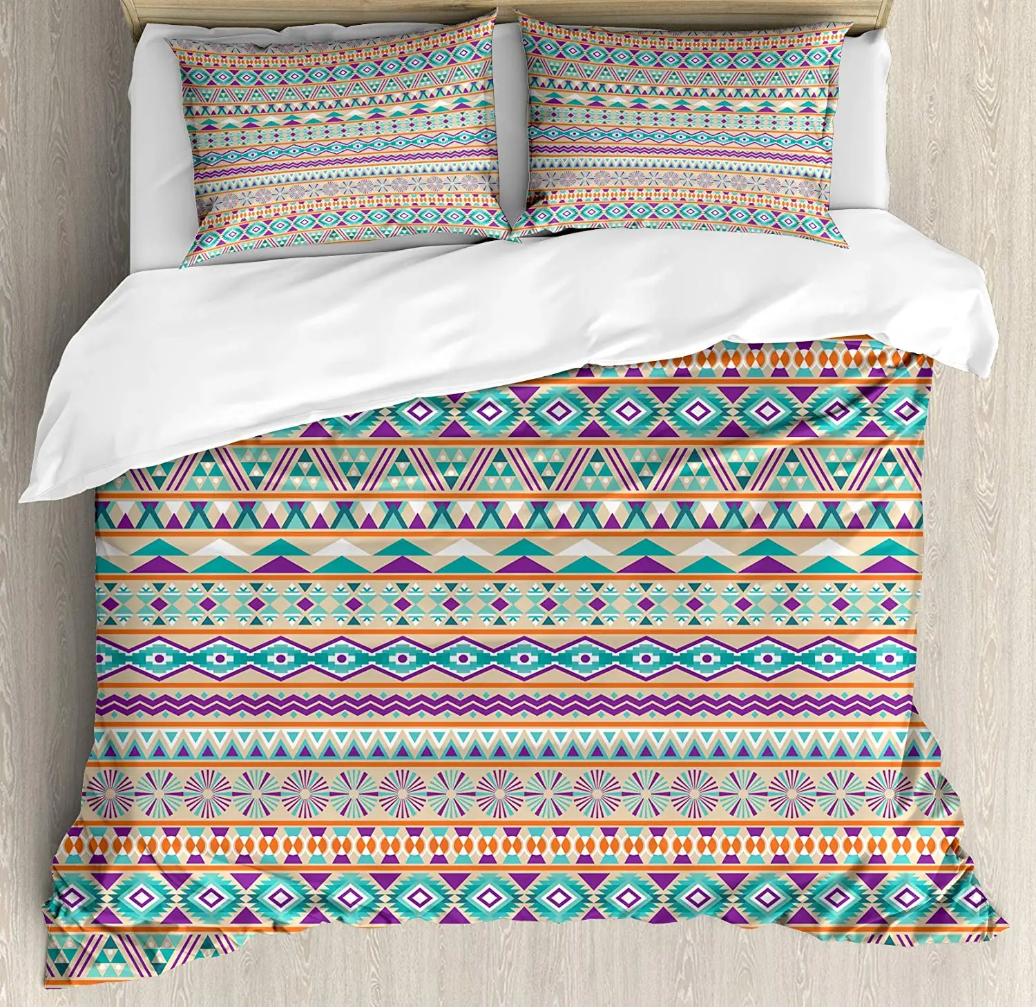 

Aztec Duvet Cover Set King Size , Different Vintage Tribal Patterns with Triangles in Soft Retro ColorsTurquoise Purple Orange