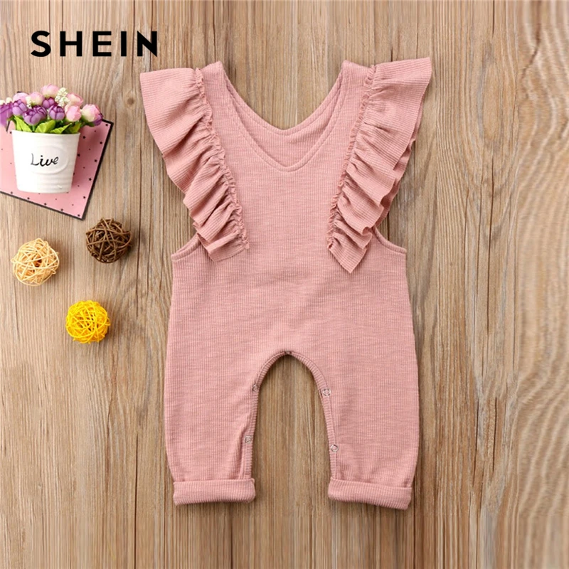 SHEIN Pink Toddler Girls V Neck Frill Trim Solid Ruffle Cute Jumpsuit 2019 Summer Cap Sleeve Long Newborn Baby Clothing