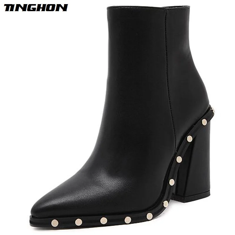 

TINGHON Sexy Rivet High Heels Boots Women Pointed Toe Ankle Boots PU leather Zippe Shoes Woman Autumn Winter Booties Black
