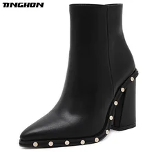 TINGHON Sexy Rivet High Heels Boots Women Pointed Toe Ankle Boots PU leather Zippe Shoes Woman Autumn Winter Booties Black TINGHON Sexy Rivet High Heels Boots Women Pointed Toe Ankle Boots PU leather Zippe Shoes Woman Autumn Winter Booties Black