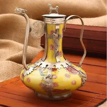 

Chinese Ancient Collectable Antique Tibet Silver Yellow Porcelain Mouse Teapot decoration Tibetan Silver word Wholesale bronze