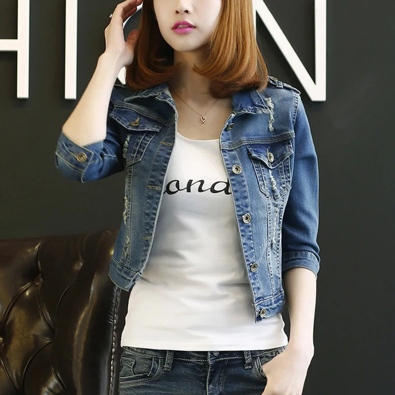 2018 Spring Stretch Denim Jacket For Women Three Quart Sleeve Slim Jeans cropped short Basic Coats plus size 1983 | Женская одежда