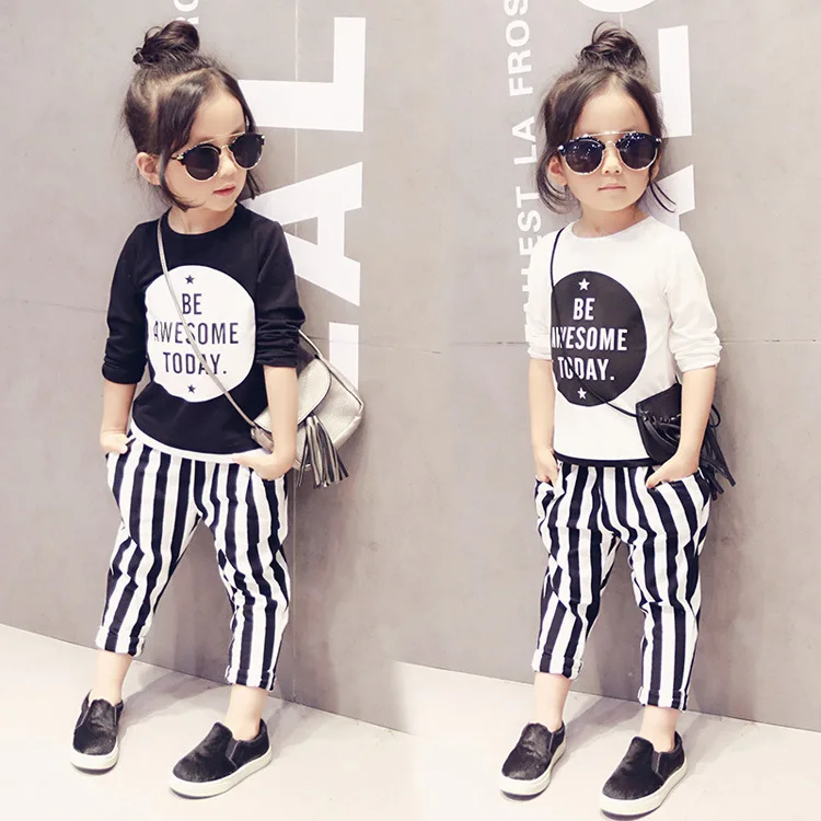 

Baby Girls Clothing Autumn Explosion Models Version of The Round Neck T-shirt + Striped Trousers Cotton Children's Letters 2pcs