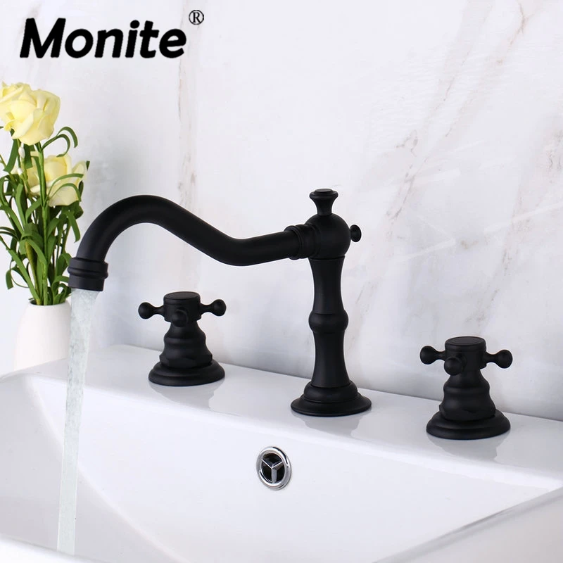 Monite Robinet De Lavabo Pivotant Noir Mat, Montage Sur Pont, 3 Pièces, 2 Leviers, Robinets Salle Bains En Laiton