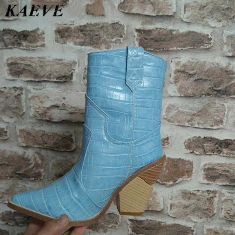 

Light Blue Genuine Leather Women Boots 2018 Pointed Toe Western Boots Cowboy Boots Women Mid-calf Chunky Wedges Boots Runway