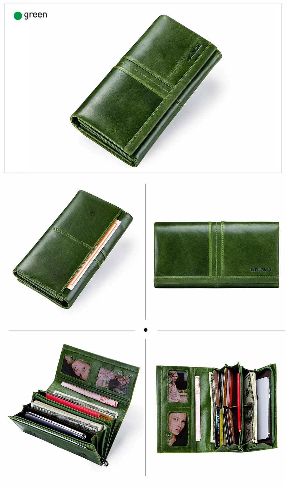 Contact's Genuine Leather Wallet Women Wallet Credit Card Holder Female Purse Organizer Walet Women Clutch Bag Red Green Long