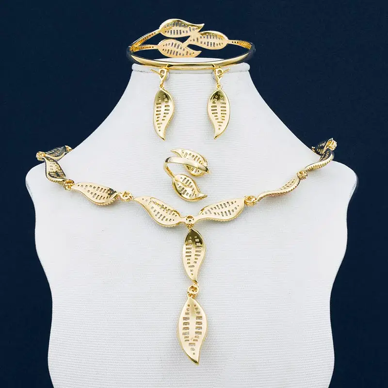 ModemAngel супер роскошный лист 3 тон цепочки и ожерелья серьга-браслет кольцо для женщин Полный AAA кубического циркония платье ювелирные наборы