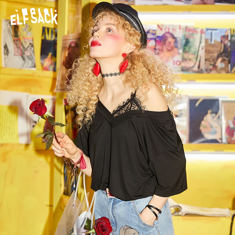 

ELF SACK Solid Lace Patchwork Women Tops Stylish V-Neck Basis T-shirts Female Tees 2019 Summer New Sexy Leaky shoulder Tees