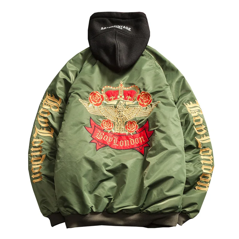 ABOORUN Mens Hip Hop Bomber Jackets 3D Eagle Embroidery Hooded Jackets