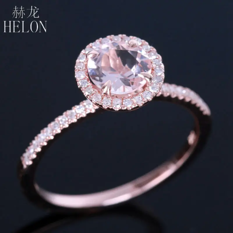 HELON Pave& Prong острые когти 6 мм круглые 0.717ct морганит 0.2ct Алмазы обручальные кольца твердые 10K обручальное кольцо из розового золота кольцо