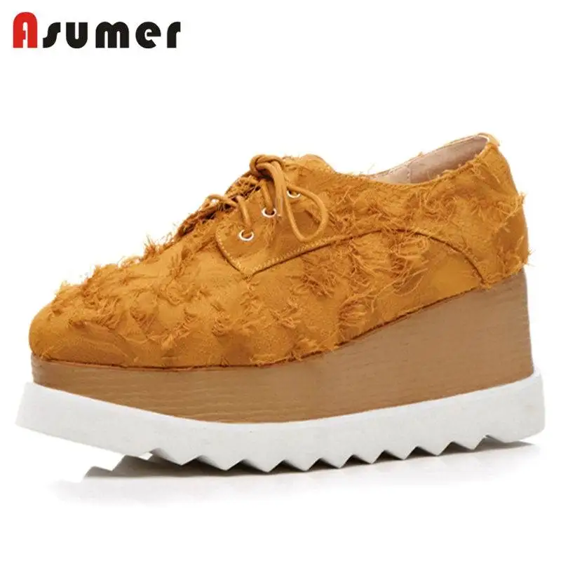 

ASUMER 2018 HOT fashion quality microfiber pumps women wedges square toe lace up spring autumn shoes casual shoes SIZE 33-42