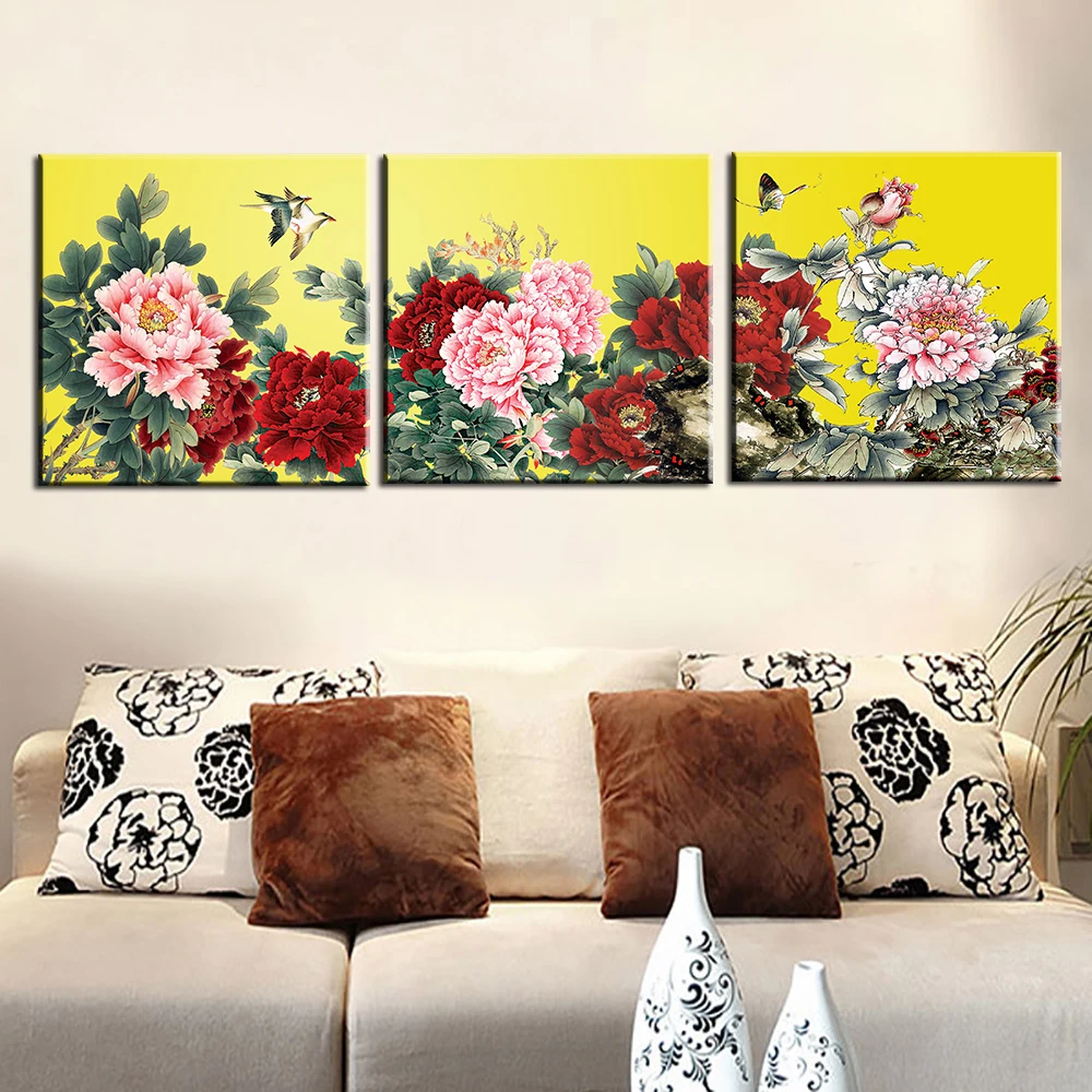 Oil Painting Modular Frameless Canvas Print Art Home Decoration Blooming flowers Still life Picture for Living Room Wall 3 Panel | Дом и сад