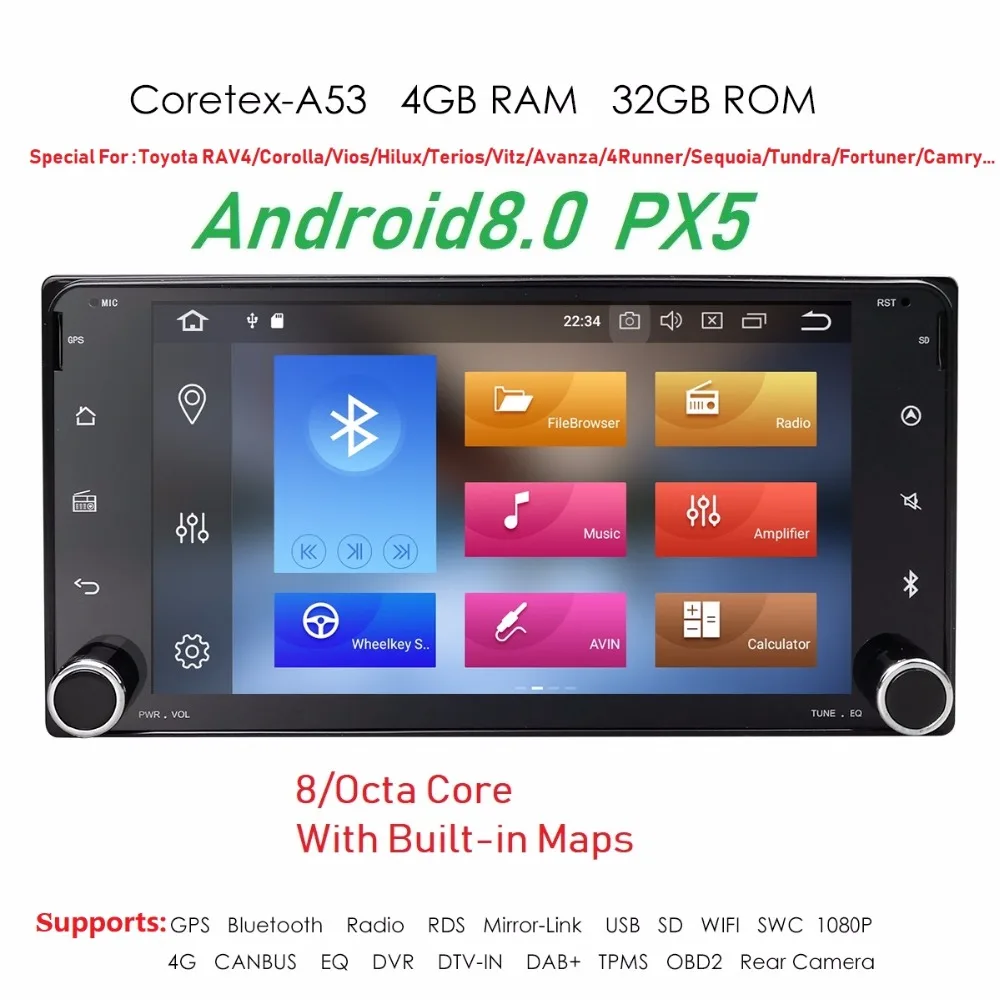 Hizpo Android8.0 8 Core 4 Гб + 32 ГБ 2DIN автомобиля NODVD gps для Toyota Terios Corolla Старый Camry Prado RAV4 fortuner