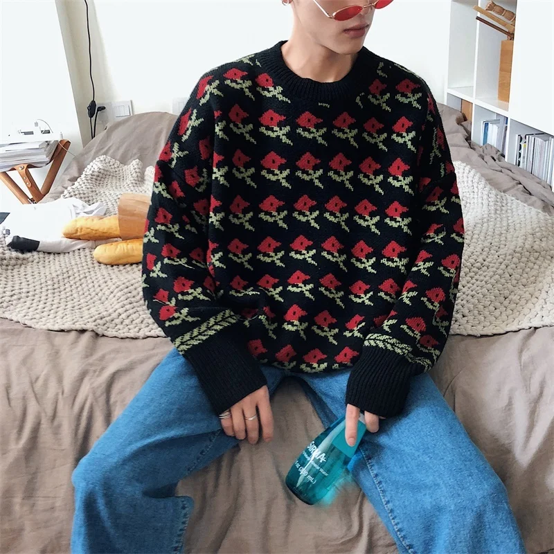 Модный повседневный мужской свитер, осенний и зимний M-2XL, Свободный пуловер с принтом, черный, розовый, молодежный популярный