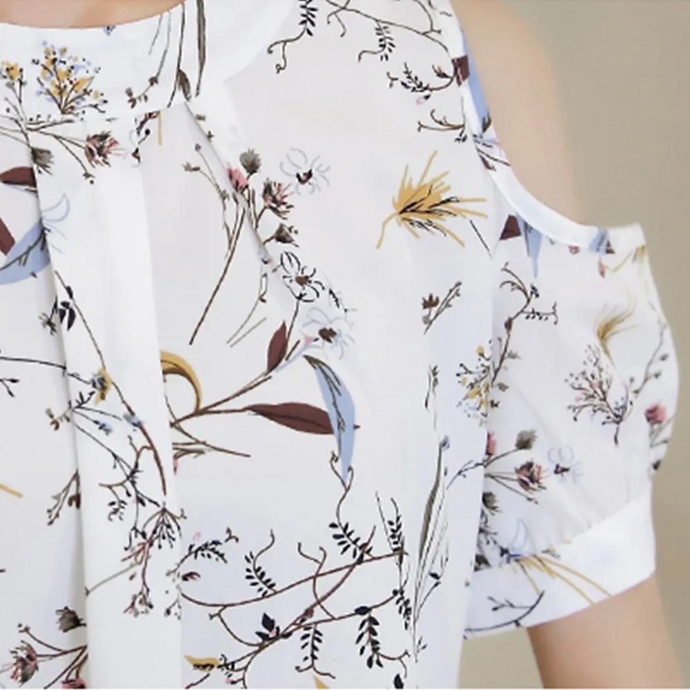 2019 шифон печати Blusas цветочные рубашки для женщин s элегантные открытые плечи