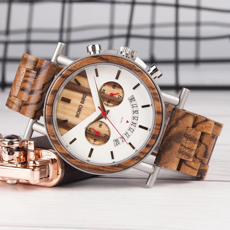 BOBO BIRD Wooden Men Watch Stainless Steel Waterproof Wristwatch with Date and Multiple Time Zone reloj hombre Men's Gift W-R06
