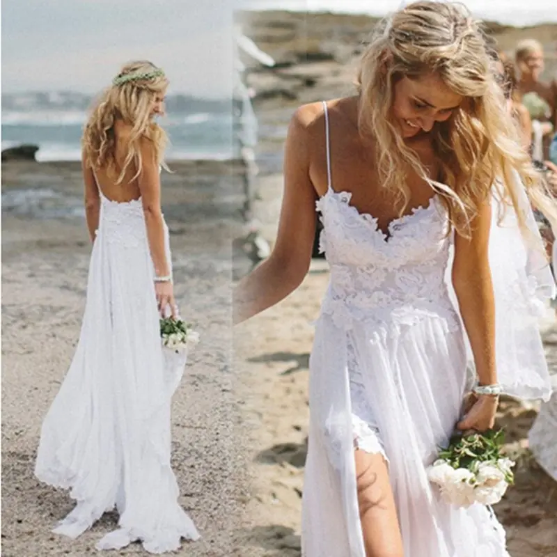

Spaghetti Strap Vintage Lace Beach Wedding Dresses robe de mariee V Neck Bridal Wedding Dress vestido de novia Plus Size Gowns