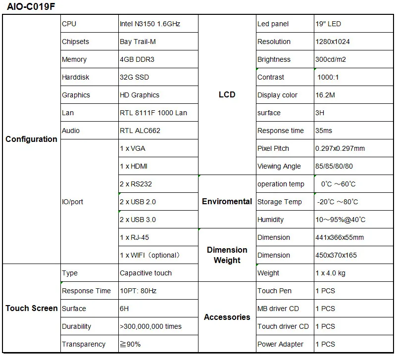 19 дюймов рабочего Промышленный компьютер Touch Процессор Intel N3150 1,6 ГГц 4 ГБ DDR3 32 г SSD Безвентиляторный Touch светодио дный ПК все в одном 4 * USB