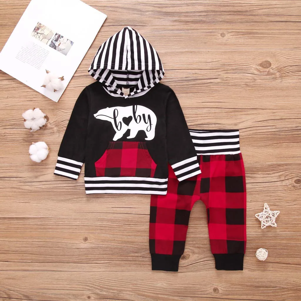 

Perimedes Boutique Kid Clothing Baby Boys Clothes Newborn Infant Kids Baby Boy Stripe Hooded T-shirt+Plaid Pants Outfits Clothes