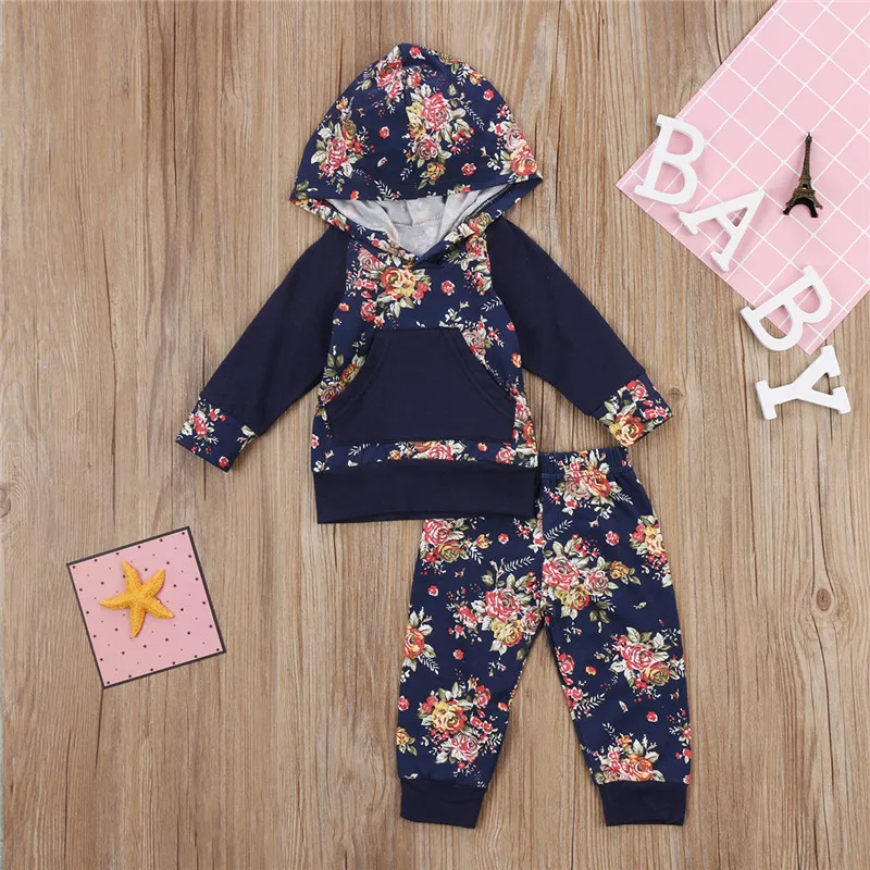 Осенне-зимняя одежда для новорожденных девочек из 2 предметов; толстовка с цветочным принтом и длинными рукавами; топы и штаны; комплект одежды
