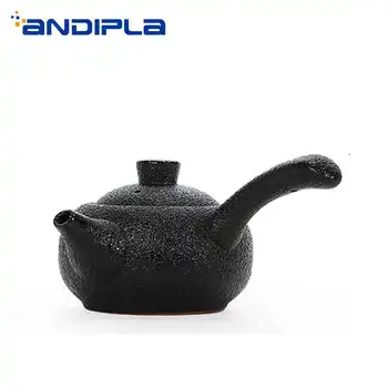

220ML Japanese-style Vintage Black Ceramic Rough Pottery Drinkware Teapot Office Kung Fu Tea Set Creative Handle Pu'er Kettle