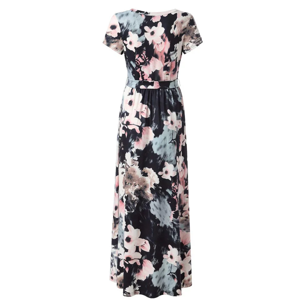

Women's Spring Summer Dress large sizes Sexy Shor Sleeve V-Neck Flower Print Evening Party Prom Swing Long Dress l19129