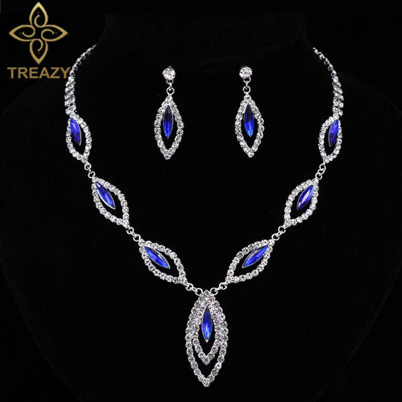 

TREAZY Fashion Royal Blue Crystal Bridal Jewelry Sets Silver Plated Leaves Choker Necklace Earrings Women Wedding Jewelry Sets
