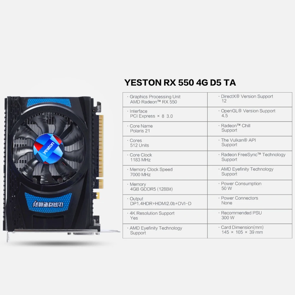 Yeston Radeon RX 550 GPU 4 ГБ GDDR5 128 бит игровой настольный компьютер ПК видеокарты Поддержка DVI-D/HDMI2.0B PCI-E 3,0