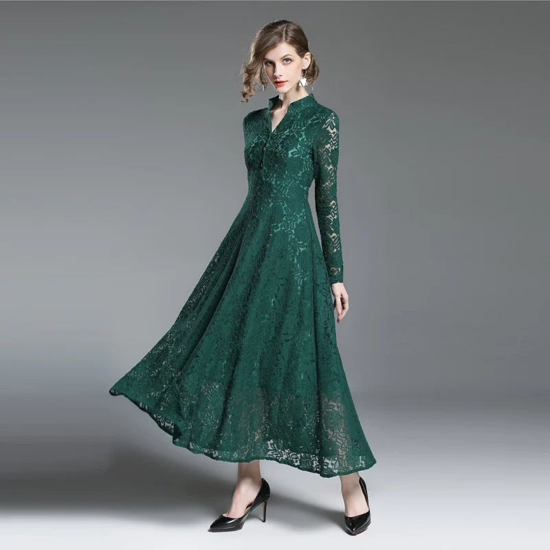 Autumn V neck Long sleeved Green Lace Dress Women Long Designer Dresses ...
