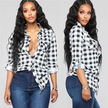 

Long Sleeve Tops Women Black White Plaid Blouse Casual Shirts Cotton Autumn Button Shirts