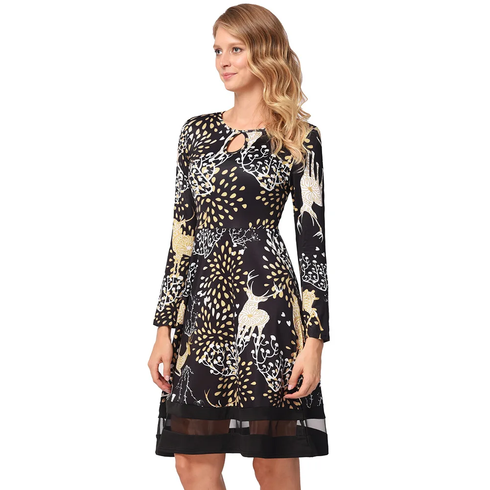 

Christmas Dress long sleeve festival cartoon print spot with mesh dress Autumn and winter 2018 Party dresses women's clothing