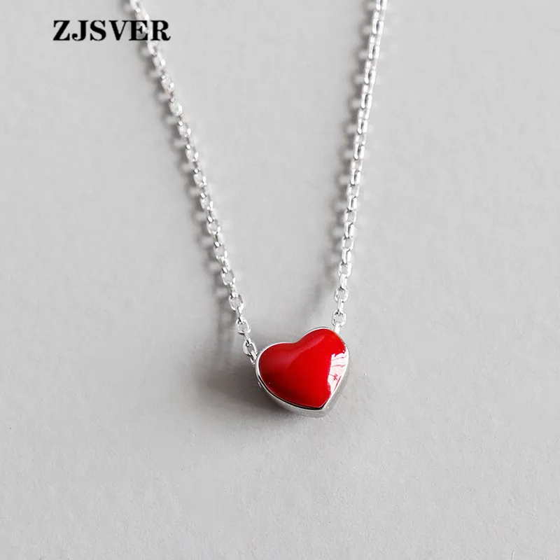 

ZJSVER Fine Jewelry 925 Sterling Silver Necklace Red Drop Glaze Heart Pendant Simple Silver Chain Women Necklace For Present