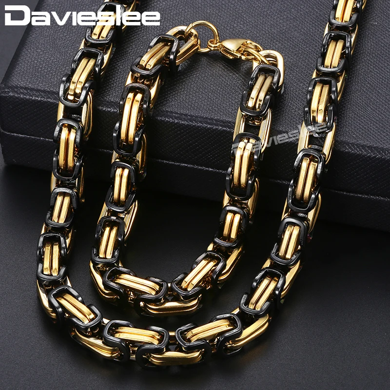 Davielsee Mens Jewelry Sets Stainless Steel Black Gold Byzantine Box