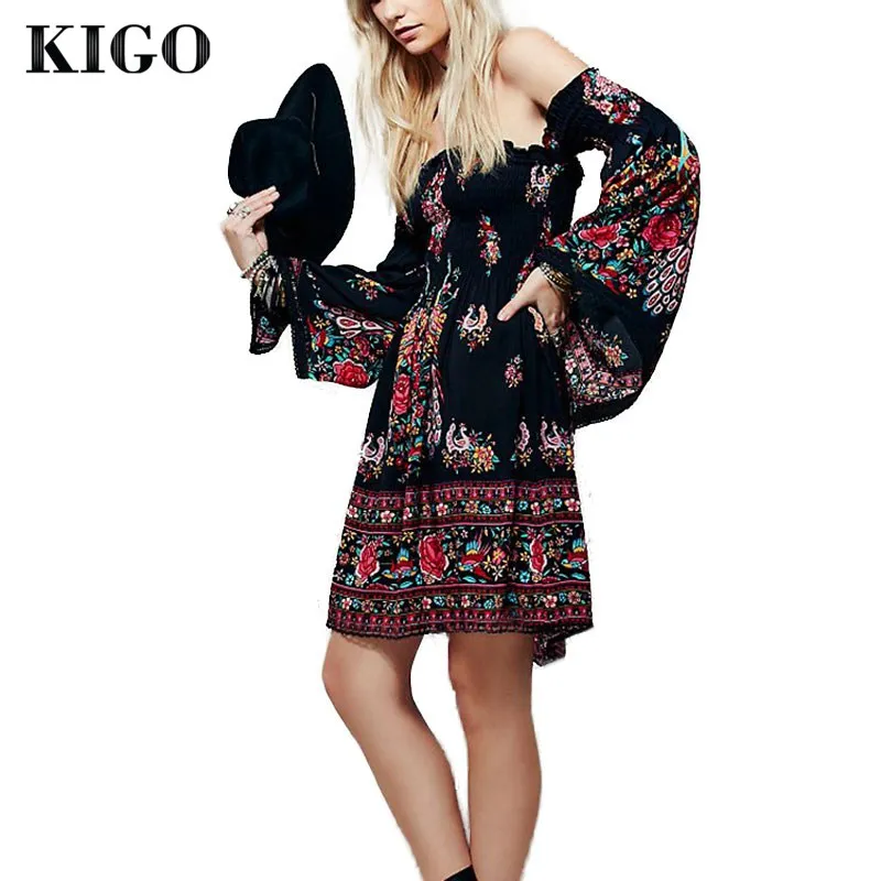 KIGO Summer Bohemian Sexy Slash Neck Black Floral Boho Dress Long Sleeve Women Dress Hippie Boho Clothing Tunique Femme K4023