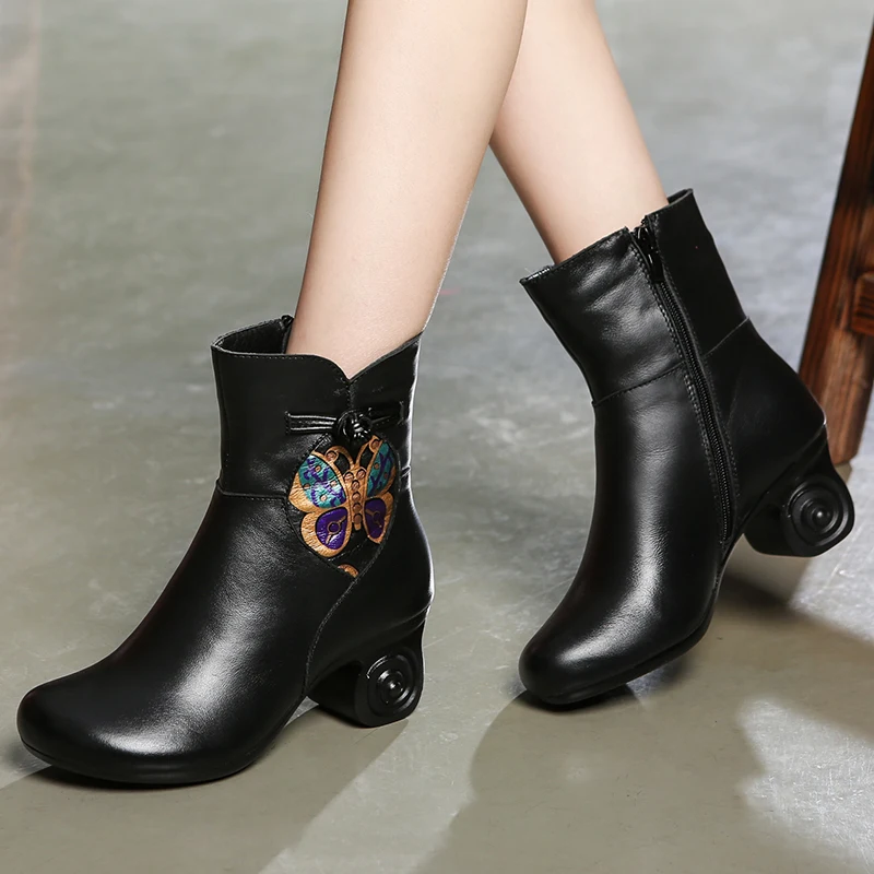 

Women Leather Boots 6 CM High Heels Embroidery Black Women Shoes Winter Warm Leather Ankle Boot Women Handmade Retro Shoes Red