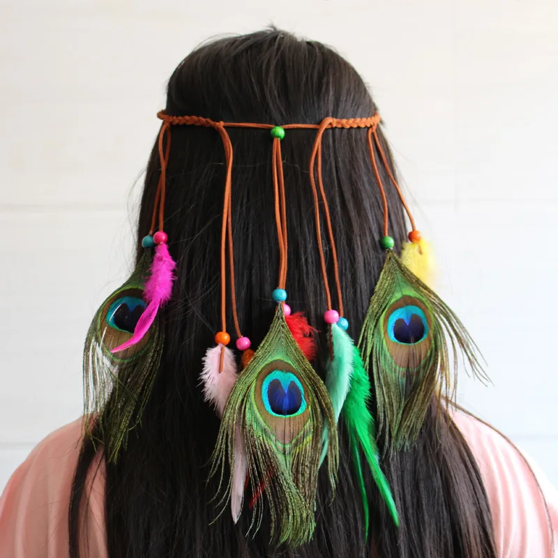 

New Women Color Beads Headband Bohemian Indian Peacock Feathers Hair Accessories Hair Band