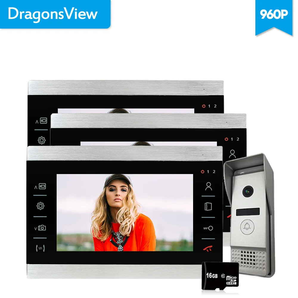 Видеодомофон Dragonsview 960P 7 дюймов 3 Монитора с 1 Интерком дверной звонок камера
