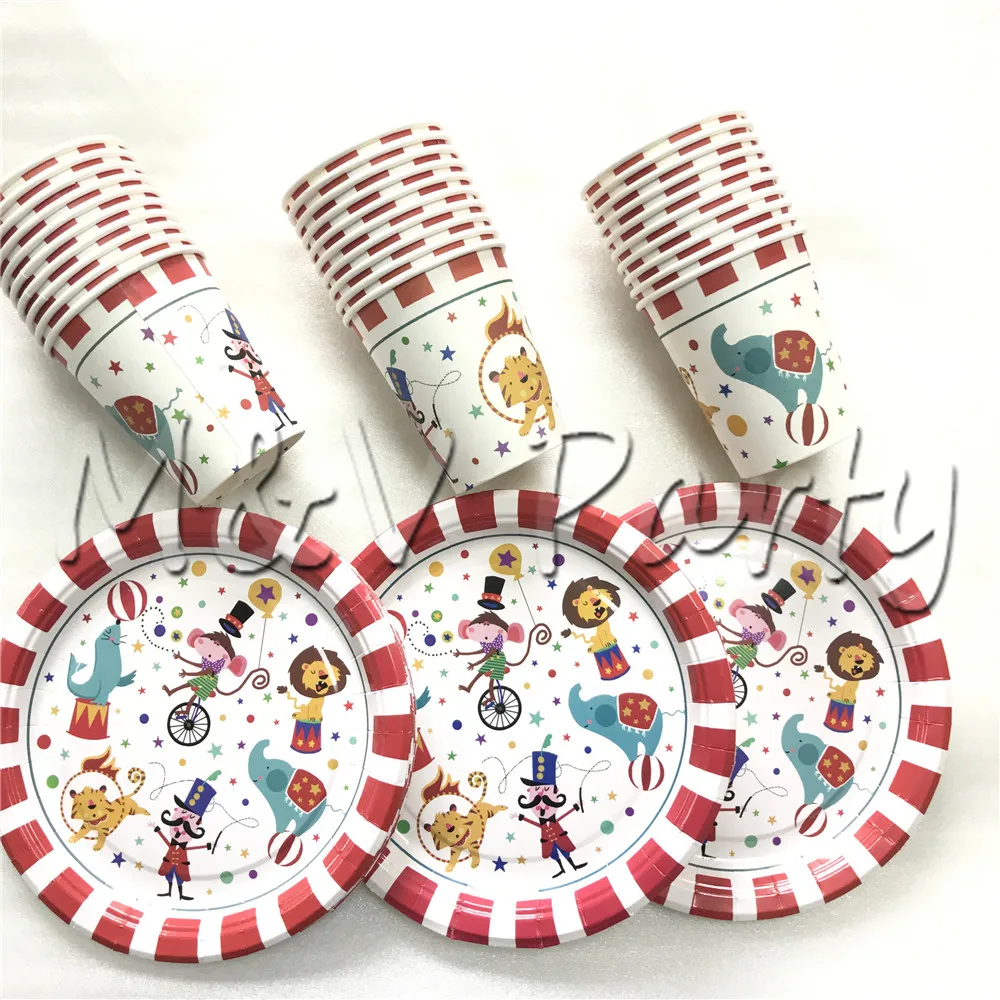 60pcs/lot Cartoon Creative Circus Theme Birthday Party Tablewear Set Disposable 30pcs Plates 30pcs Cups Circus Party Supplies