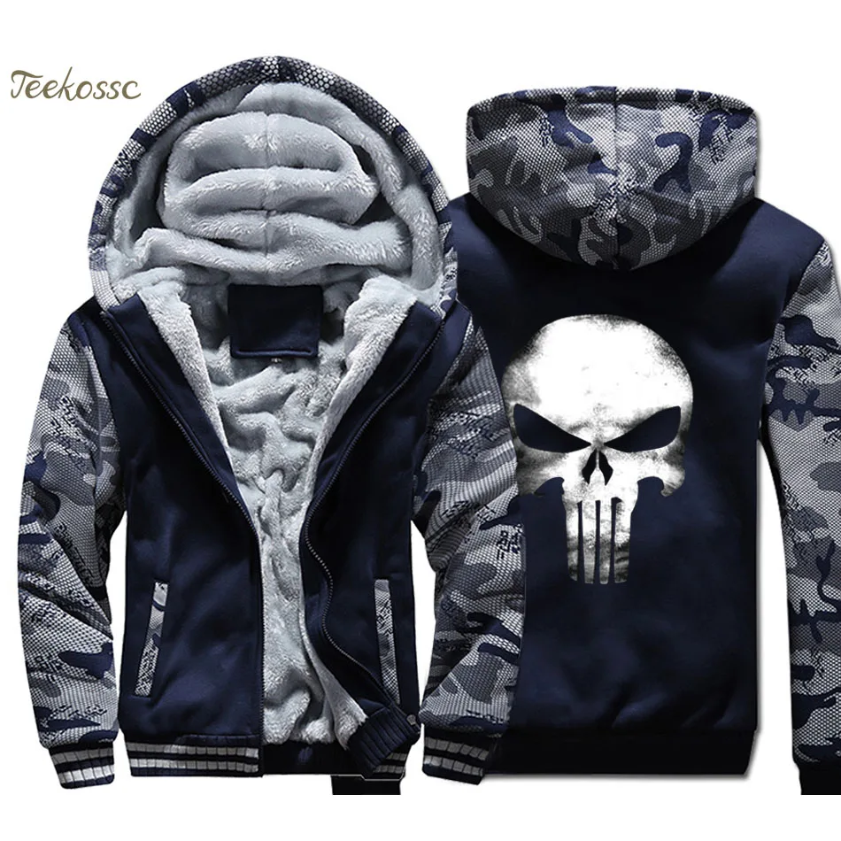 

Skull Hoodie Men Cool Hooded Sweatshirt Coat 2018 Winter Warm Fleece Thick Zipper Jacket Hip Hop Brand Streetwear