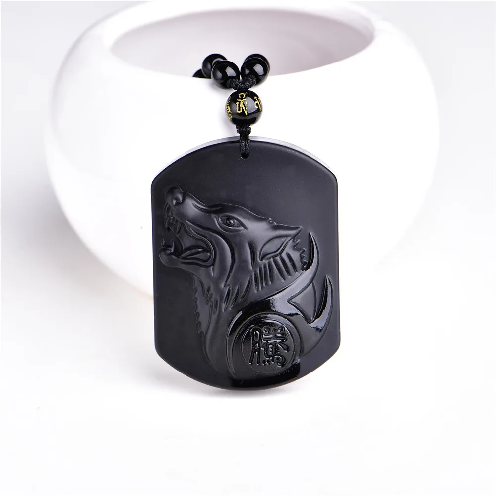 

MIARA.L Natural Black Obsidian Carving Wolf Head Amulet pendant free necklace obsidian Blessing Lucky pendants fashion Jewelry