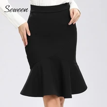 5XL плюс Размеры оборками юбка Mermaid Для женщин осень модные тонкие офисные юбки Для женщин s Высокая Талия черный, красный труба юбка