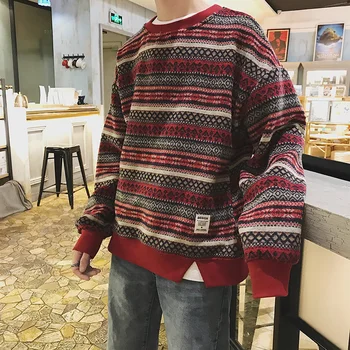 

Winter New Hoodies Men Loose Long-sleeved Pullover Plus Velvet Fashion Youth Casual Round Neck Striped Sweatshirt Man Streetwear