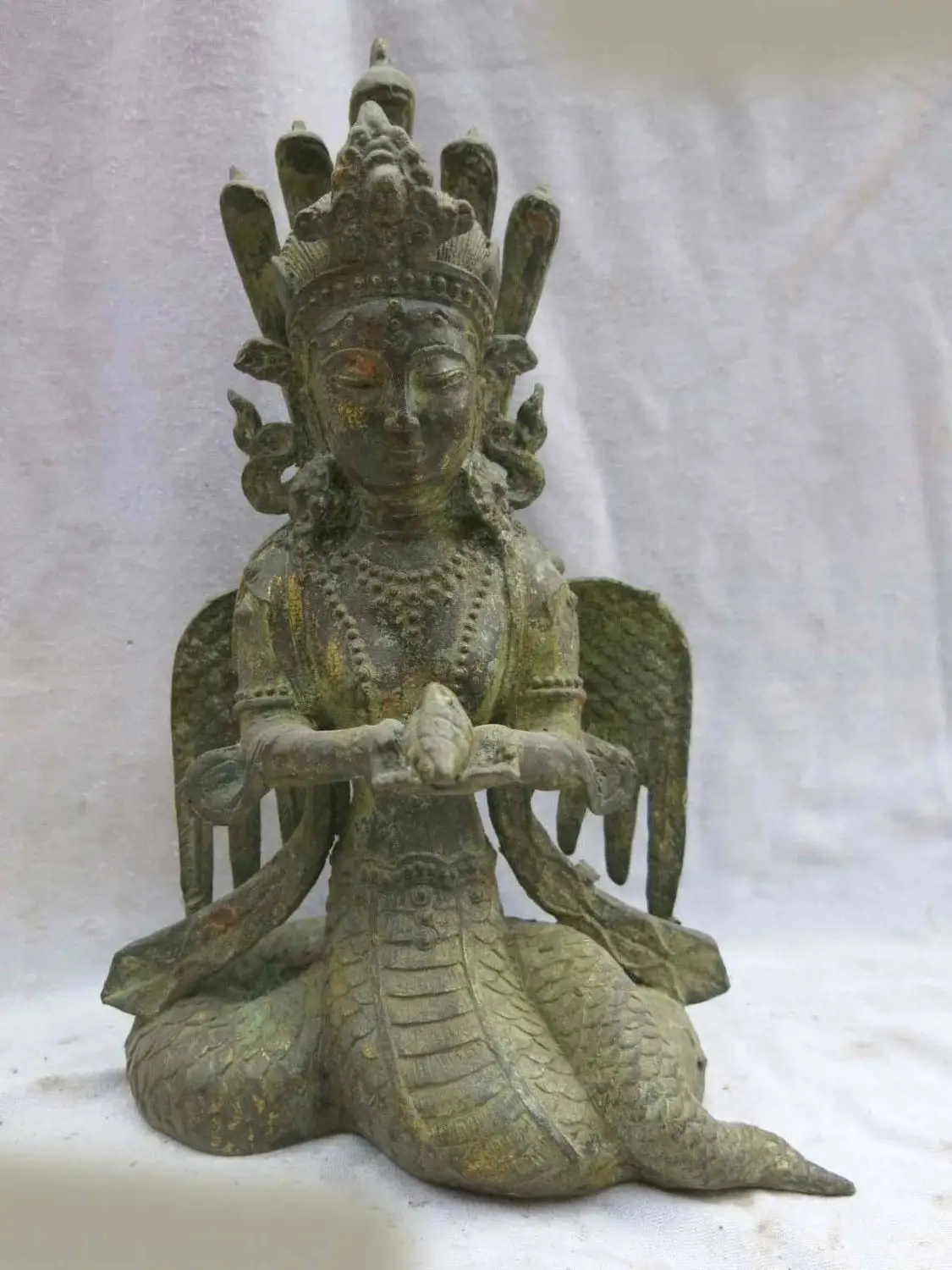 

11" China Tibet bronze gild Buddhism equisite wing snake buddha Sculpture statue (D0426)