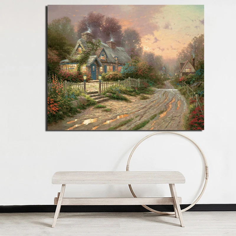 

Houses And Trails By Thomas Kinkade Canvas Painting Print Living Room Home Decor Modern Wall Art Oil Painting Posters Pictures