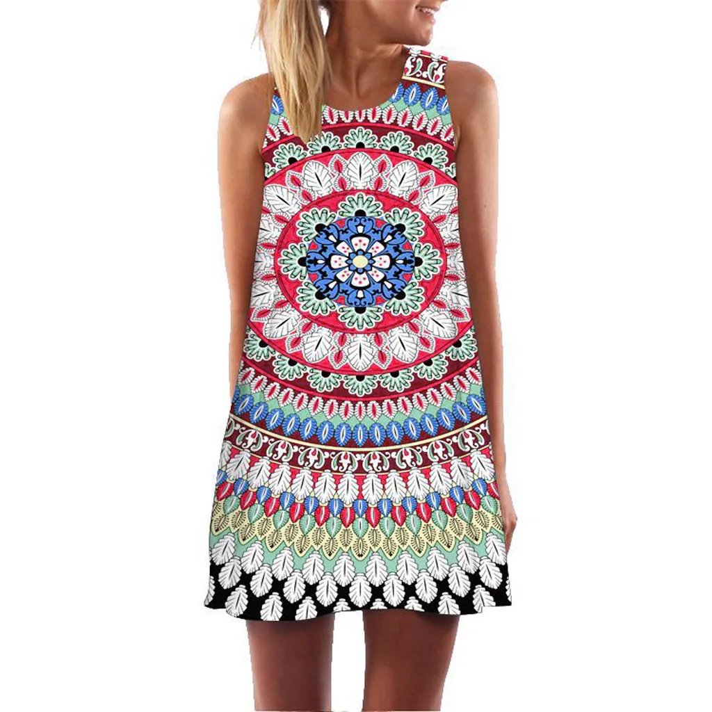 

Summer ladies Dress female O-neck Fashion Vintage Bohemian Summer Sleeveless Beach Print Short Mini Dress vestido verano