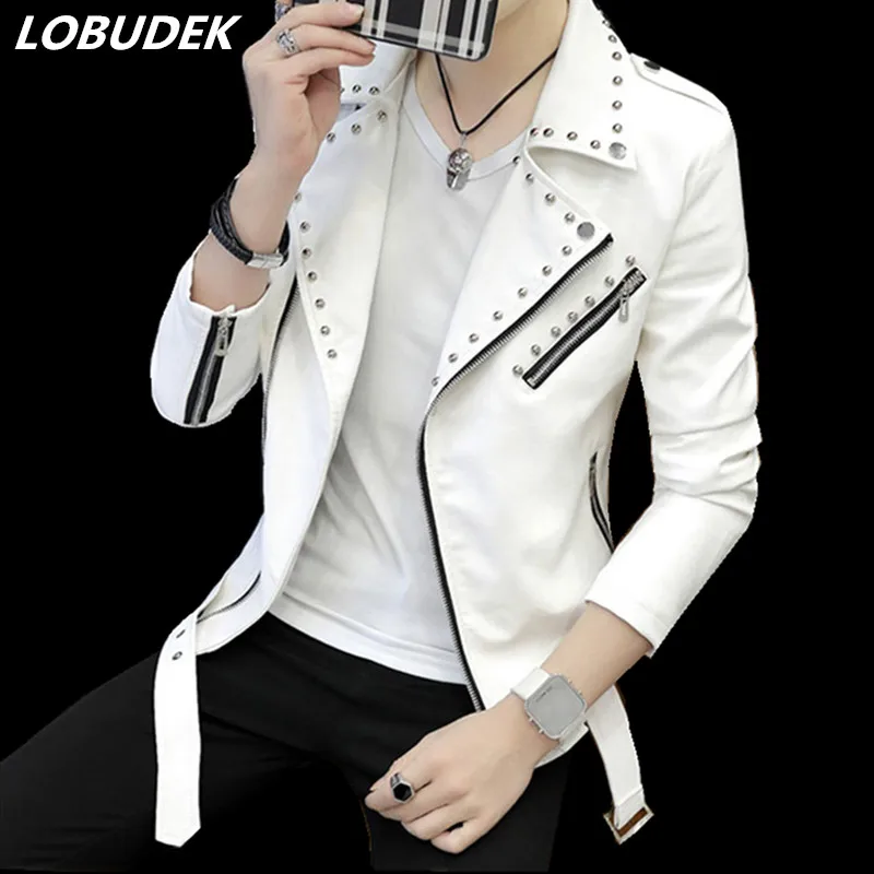 

Spring Autumn Men's PU Leather Jacket White Red Rivet Zipper slim Tide Coat Punk style stage Clothing Jazz personality Costumes