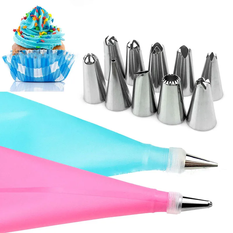

12 PCS/Set Silicone Kitchen Accessories Icing Piping Cream Pastry Bag +10Stainless Steel Nozzle Set DIY Cake Decorating Tips Set