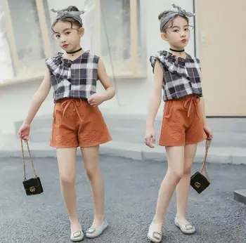 

2019 Korean style girls 2 pcs set plaid ruffles shirt+shorts fashion summer cotton girls suit 4-9t B638