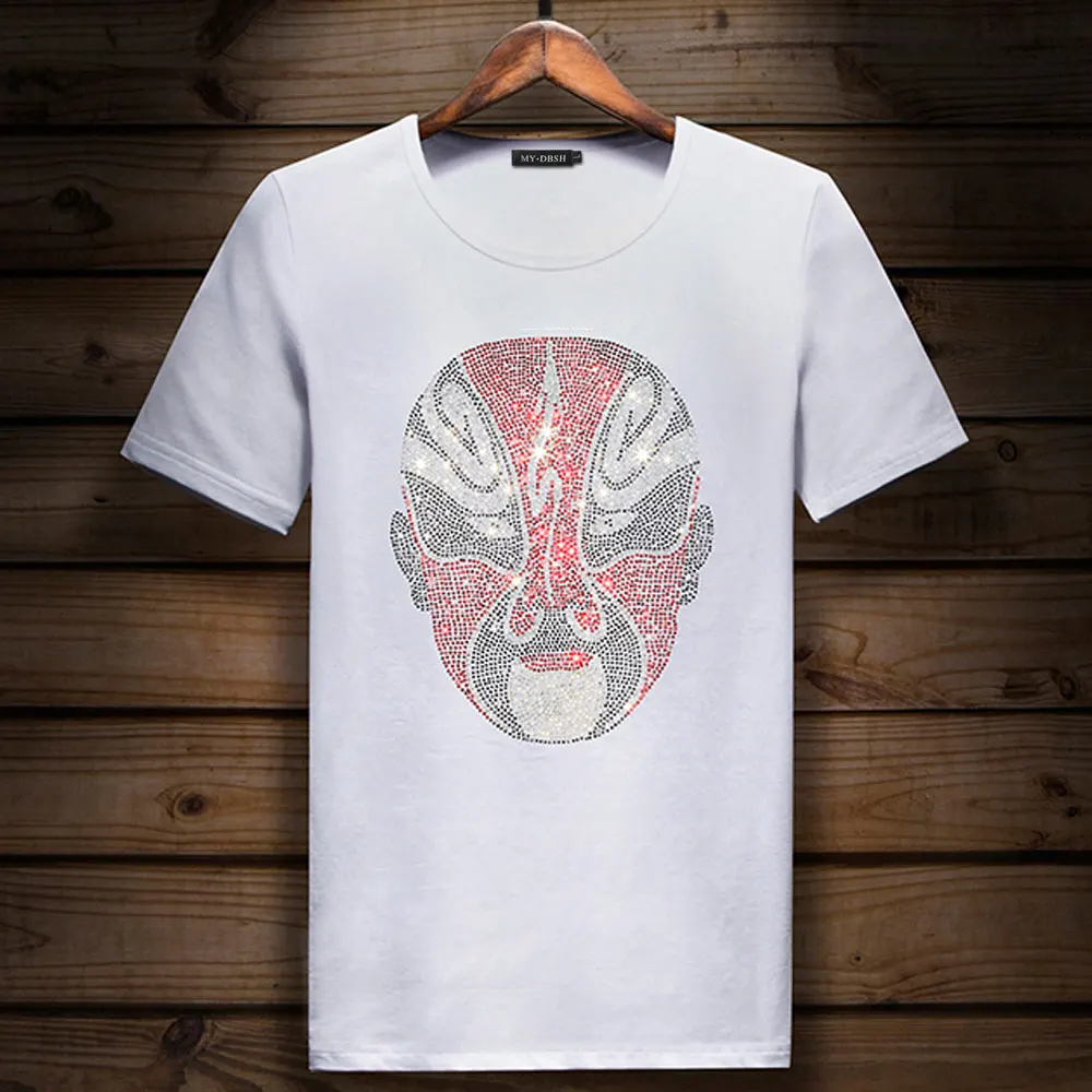 Big size 5XL Mask Unique Man Shinning Diamond Stone T-shirt Short Sleeve high quality Peking Opera Rhinestone Print men t shirts